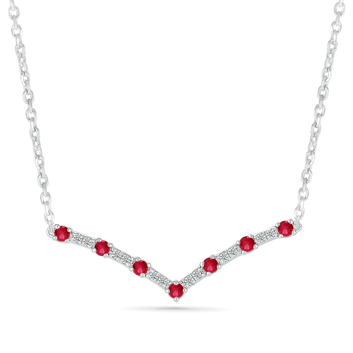 Ruby & Diamond Accent Chevron Bar Necklace in 10K White Gold