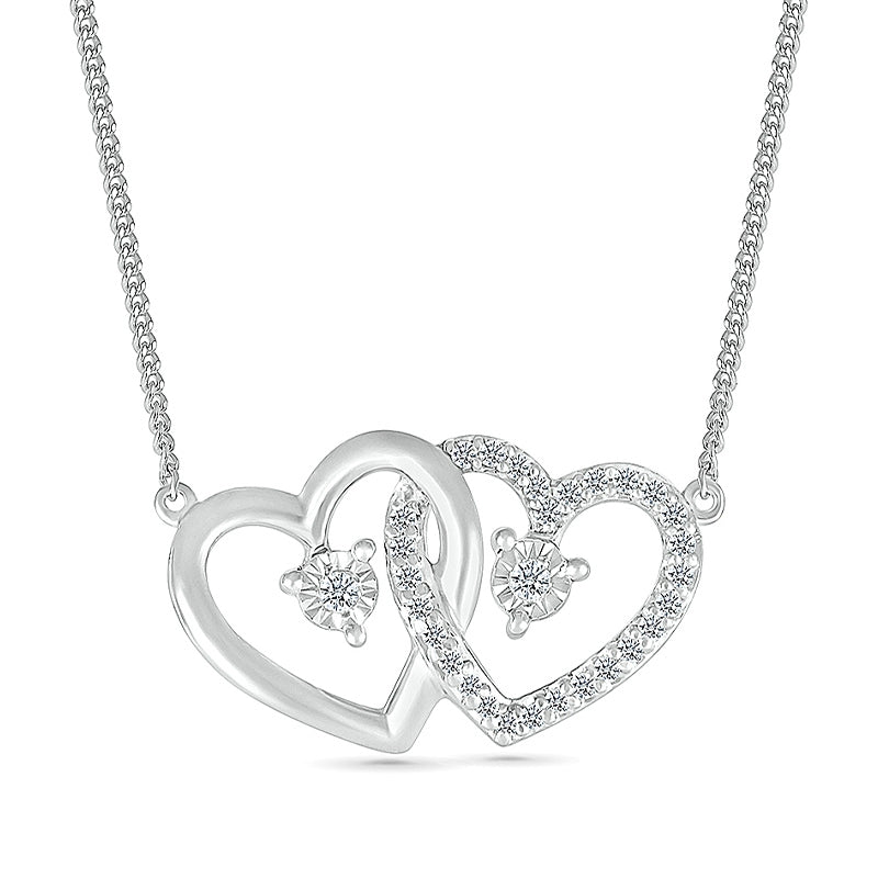 Diamond Accent Linked Double Open Heart Necklace with Miracle Plates in Sterling Silver