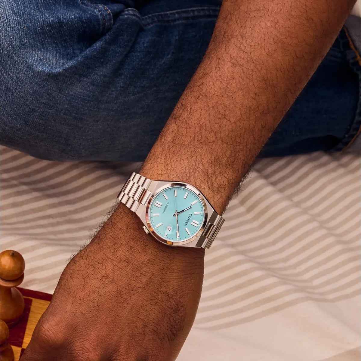 Citizen Ladies' Tsyuosa Eco-Drive Stainless Steel Watch with Blue Dial close-up detail