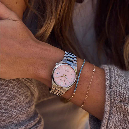 Citizen Ladies' Tsyuosa Eco-Drive Stainless Steel Watch with Pink Dial close-up detail