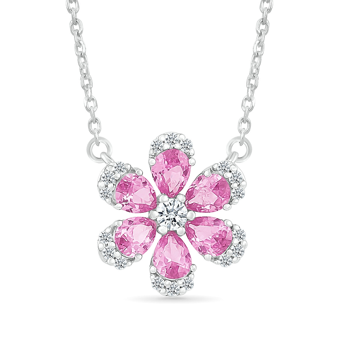 Created Pink & White Sapphire Flower Necklace in Sterling Silver