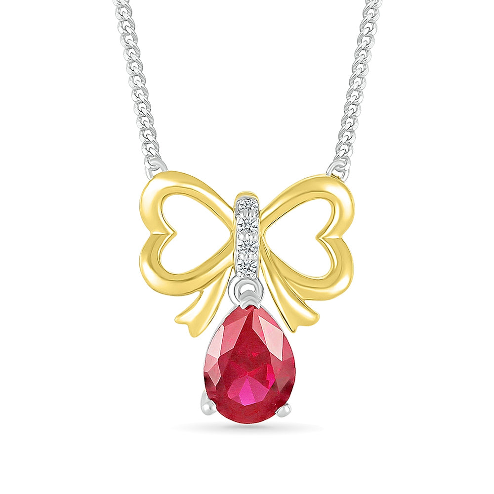 Created Pear Ruby & White Sapphire Bow Necklace in Sterling Silver & 10K Yellow Gold