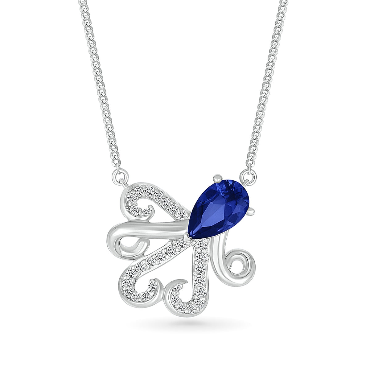 Created Pear Blue & White Sapphire Octopus Necklace in Sterling Silver