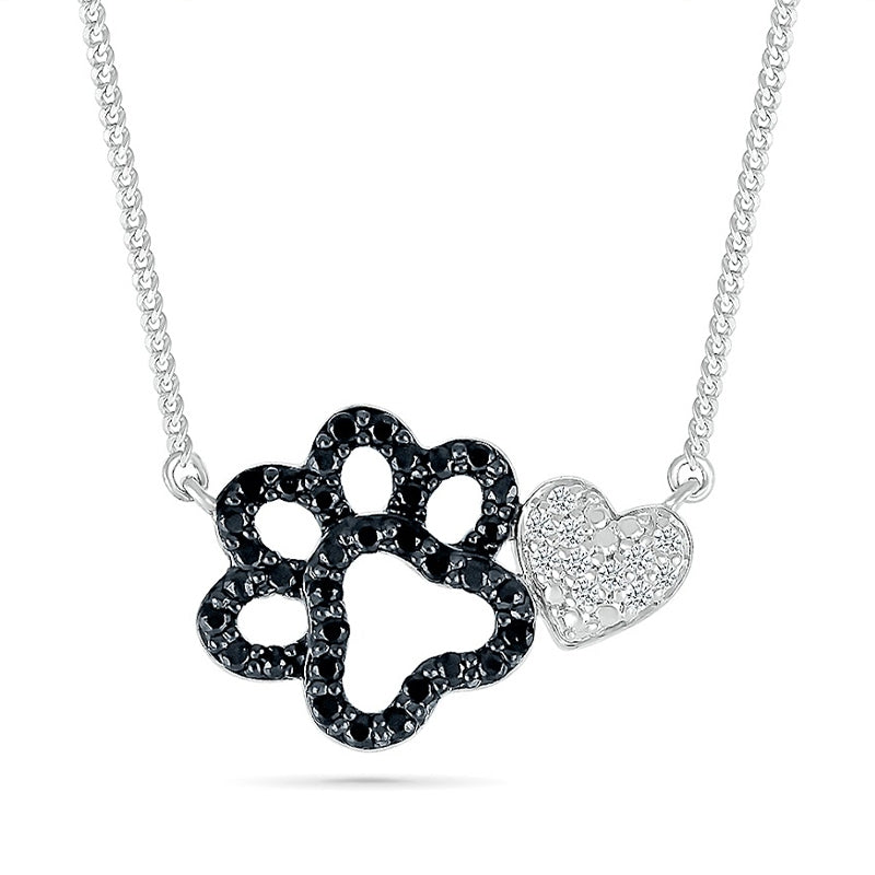 1/5 ct. tw. Black & White Diamond Paw & Heart Necklace in Sterling Silver