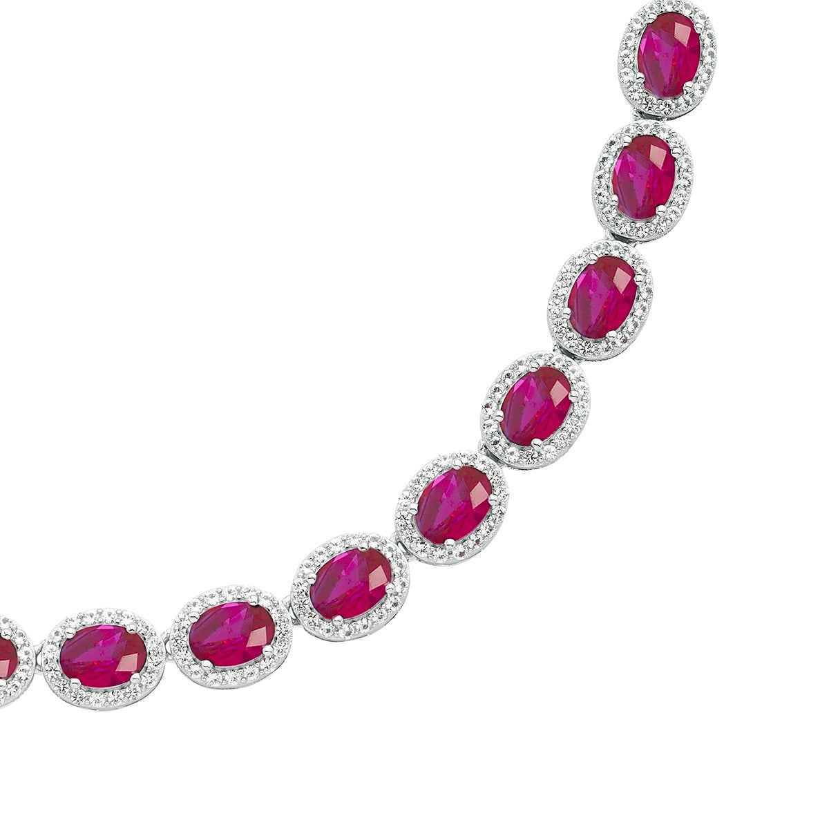 Created Oval Ruby & White Sapphire Halo Necklace in Sterling Silver close-up detail