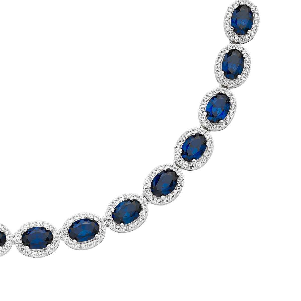 Created Oval Blue & White Sapphire Halo Necklace in Sterling Silver close-up detail