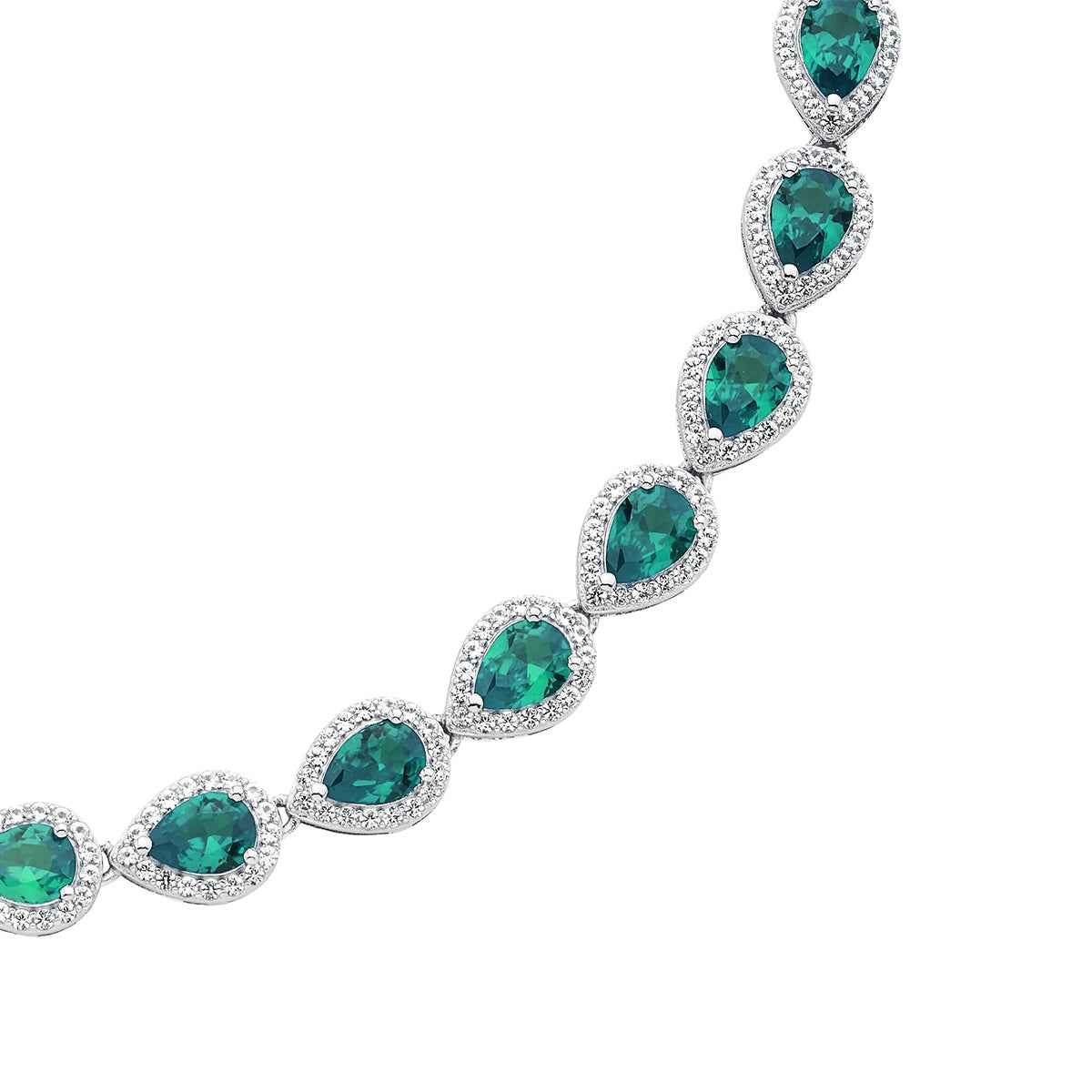 Created Pear Emerald & White Sapphire Halo Necklace in Sterling Silver close-up detail
