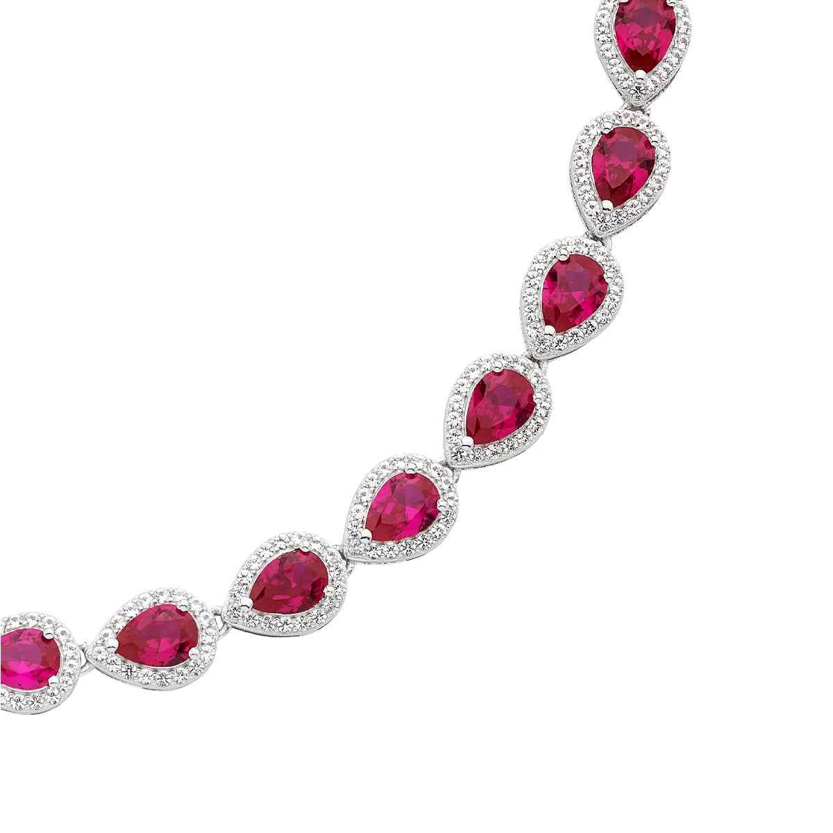 Created Pear Ruby & White Sapphire Halo Necklace in Sterling Silver close-up detail