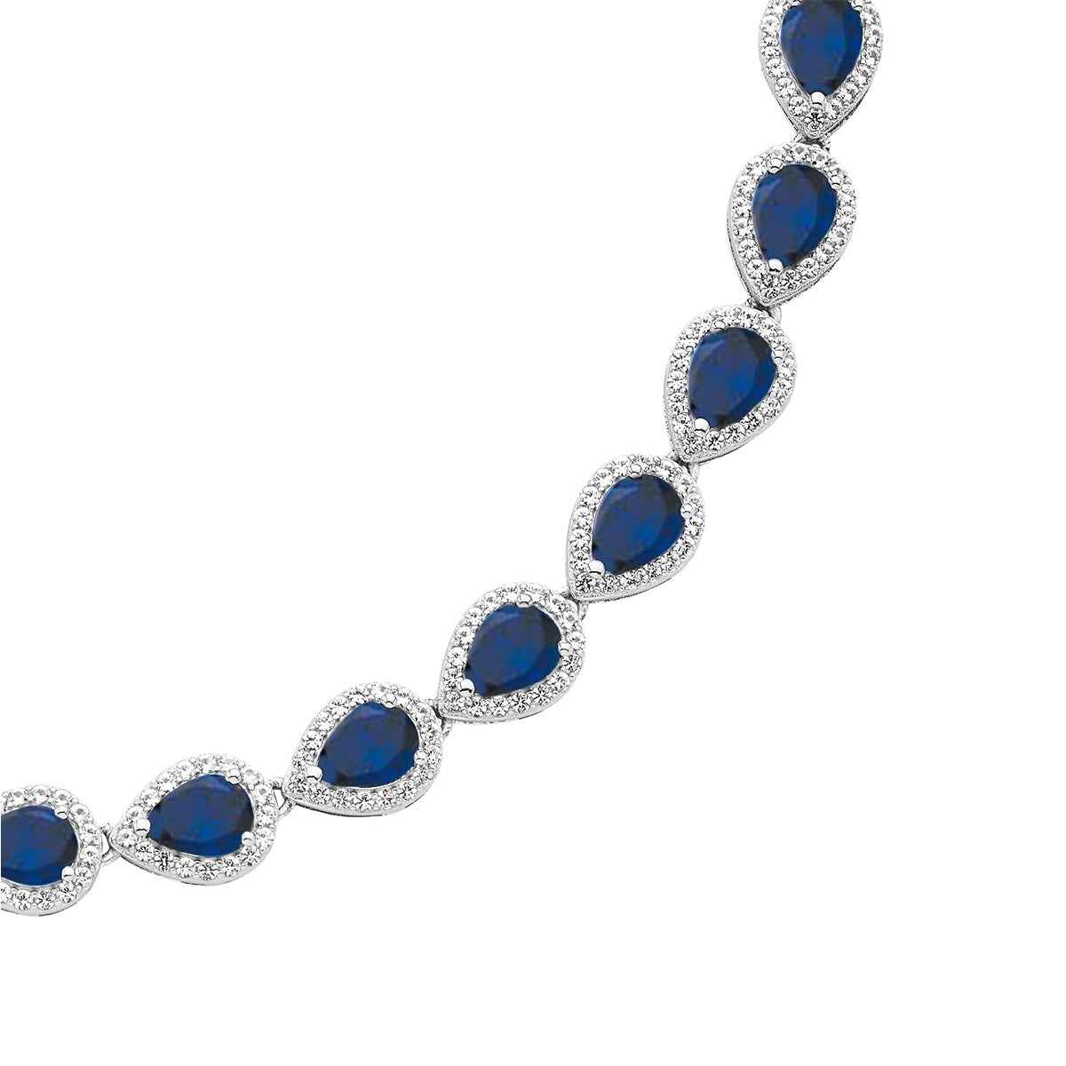 Created Pear Blue & White Sapphire Halo Necklace in Sterling Silver close-up detail