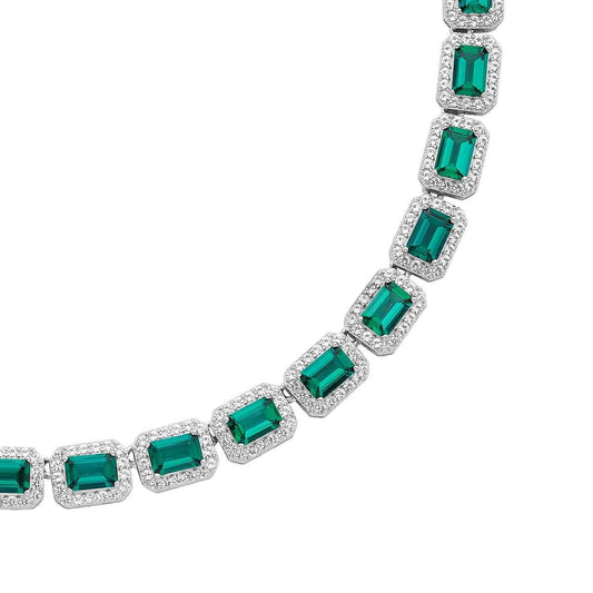 Created Emerald-Cut Emerald & White Sapphire Halo Necklace in Sterling Silver close-up detail