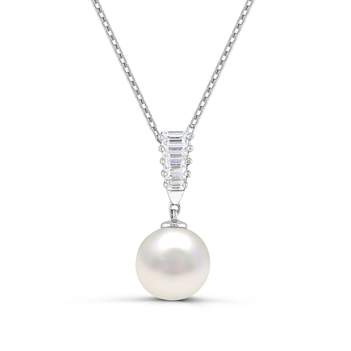 Cultured Freshwater Pearl & Created Baguette White Sapphire Dangle Pendant in Sterling Silver