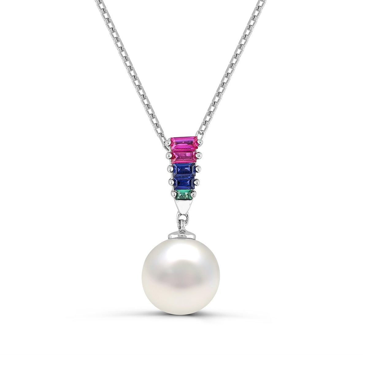 Cultured Freshwater Pearl & Baguette Ruby, Sapphire, & Emerald Dangle Pendant in Sterling Silver