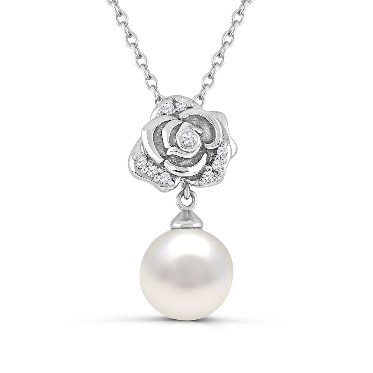Cultured Freshwater Pearl & Diamond Accent Rose Pendant in Sterling Silver