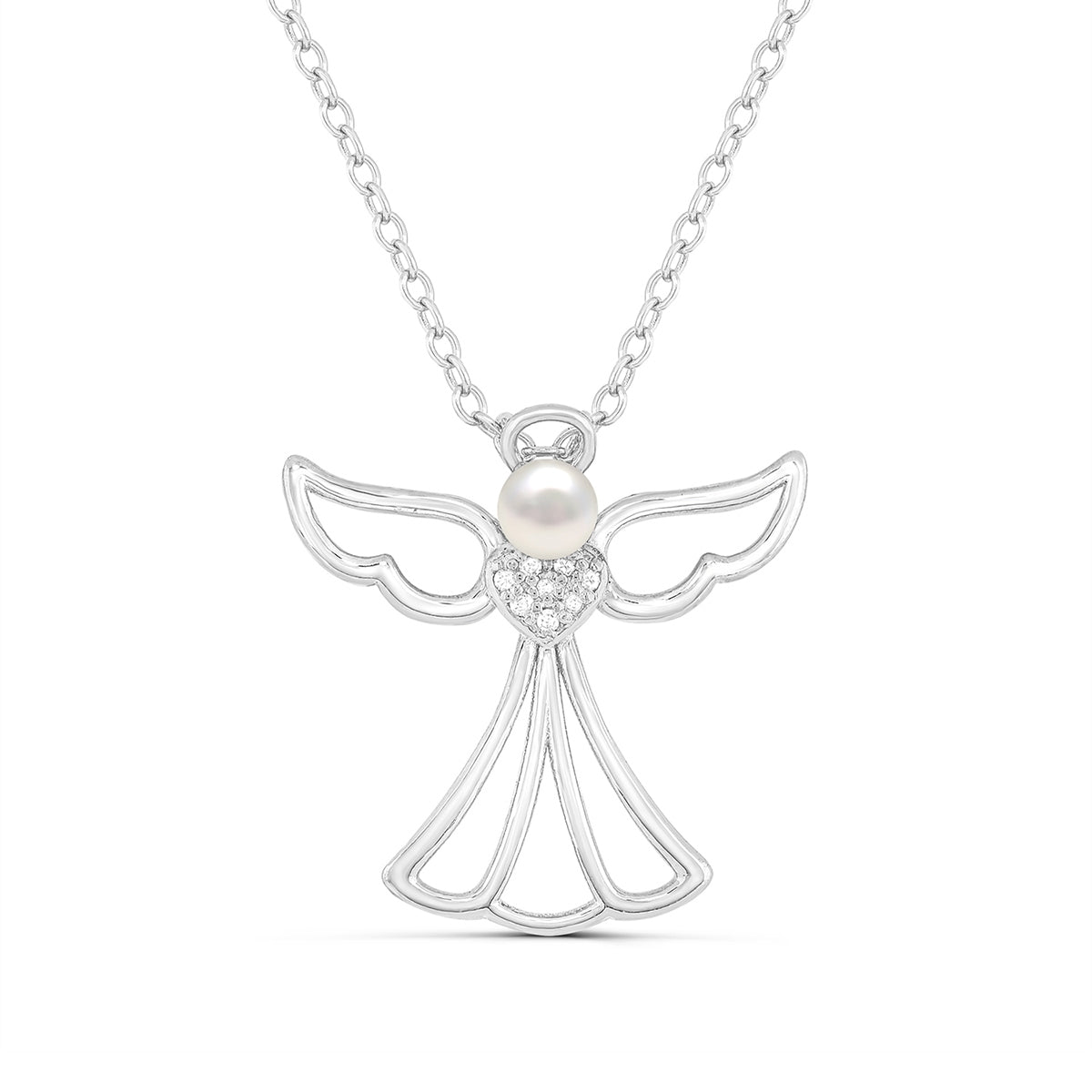 Cultured Freshwater Pearl & Diamond Accent Angel Pendant in Sterling Silver