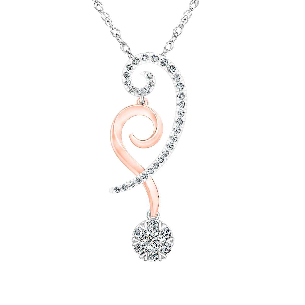 Fairytale Diamonds 3/8 ct. tw. Diamond Double Swirl Cluster Drop Pendant in 14K White & Pink Gold
