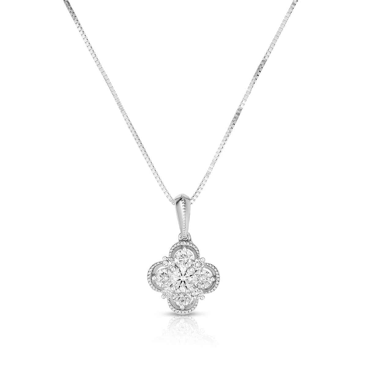 Fairytale Diamonds 3/8 ct. tw. Diamond Quatrefoil Cluster Milgrain Halo Pendant in 10K White Gold