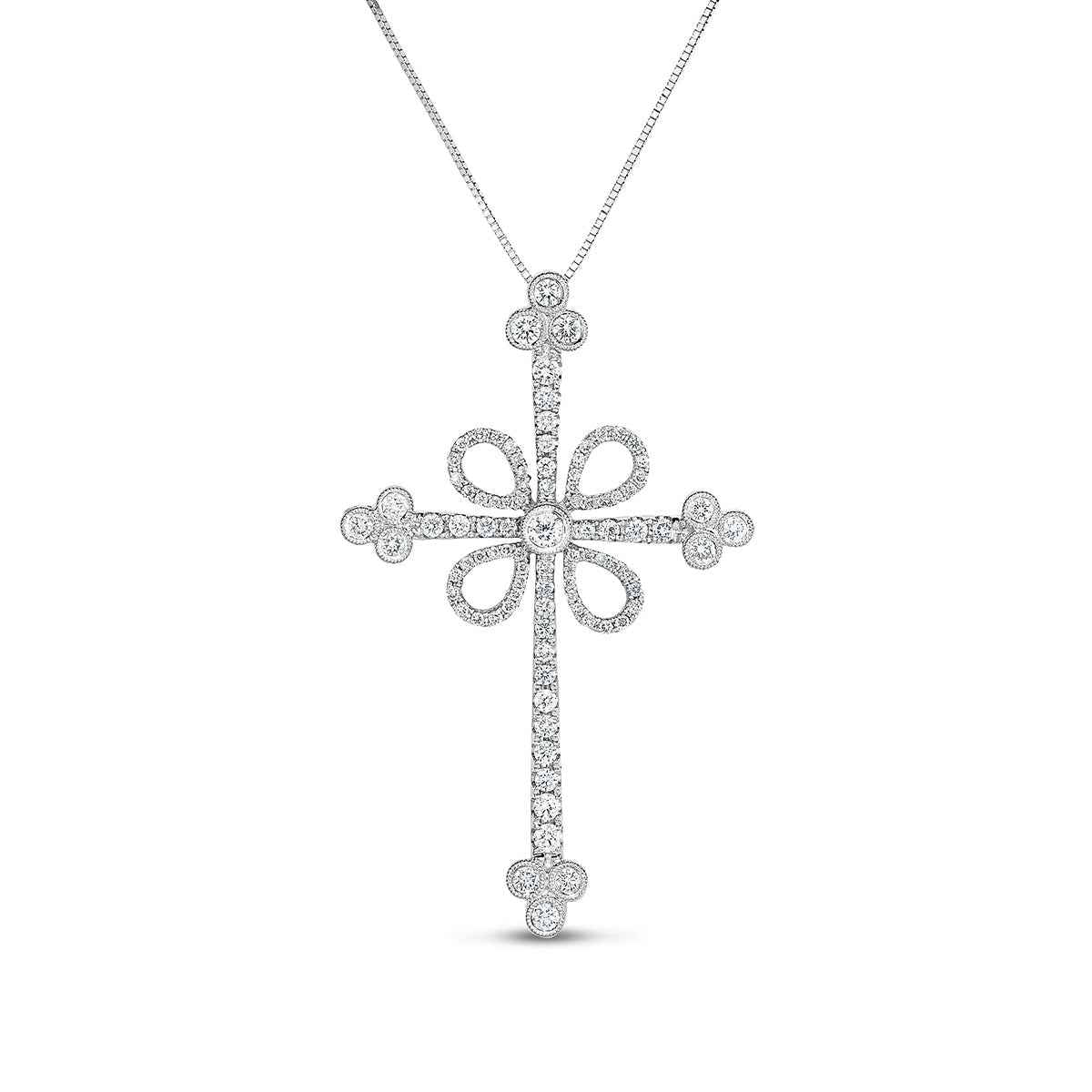 1 ct. tw. Diamond Milgrain Loop Budded Cross Pendant in 14k White Gold