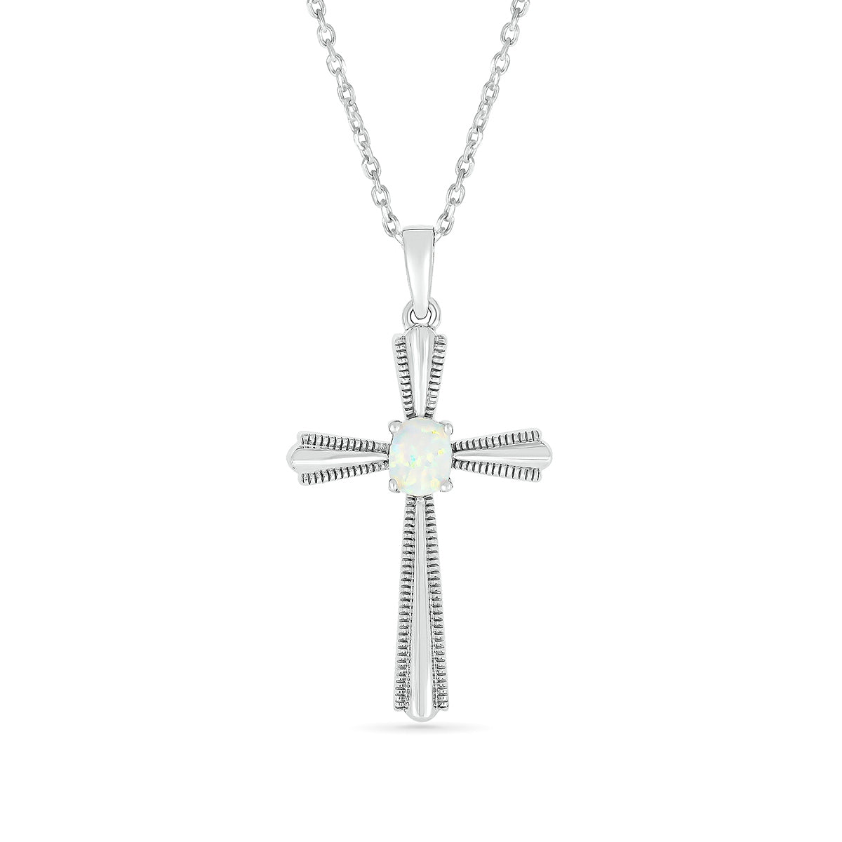 Created Oval Opal Milgrain Cross Pendant in Sterling Silver