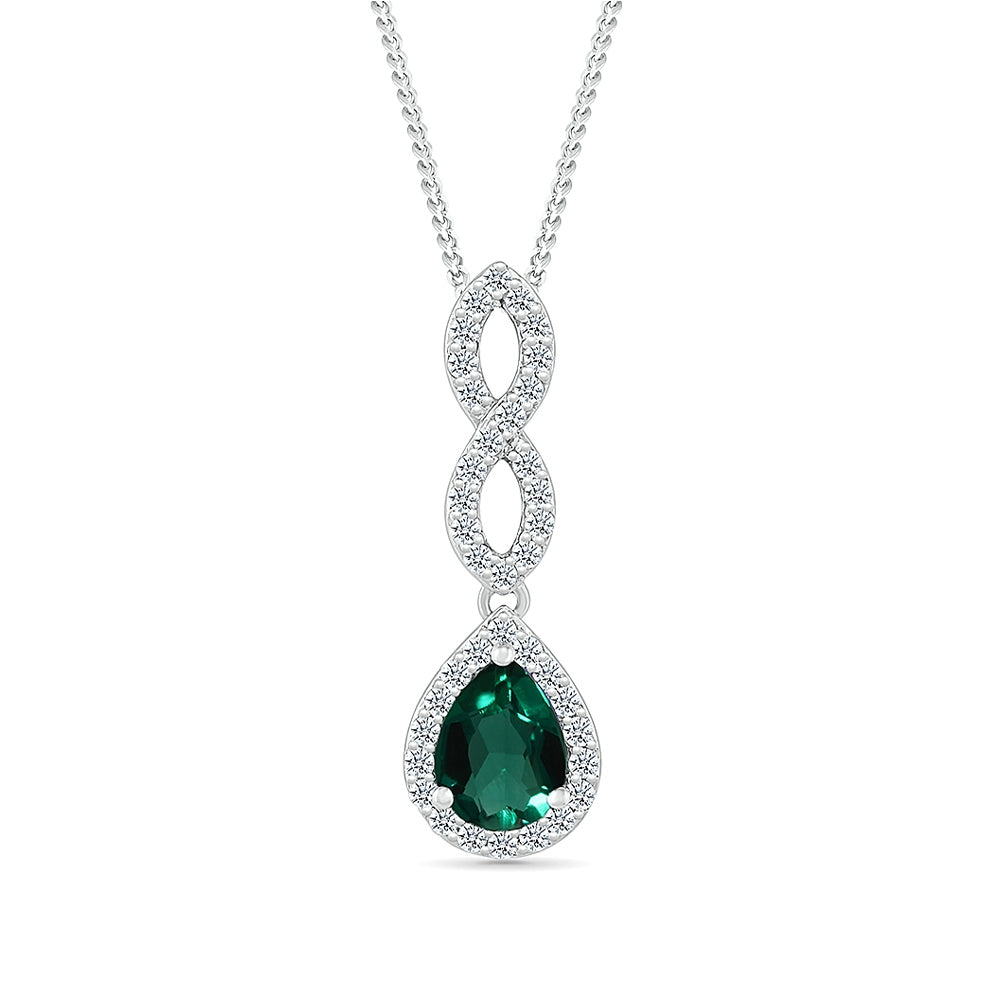 Created Pear Emerald & White Sapphire Twist Pendant in Sterling Silver