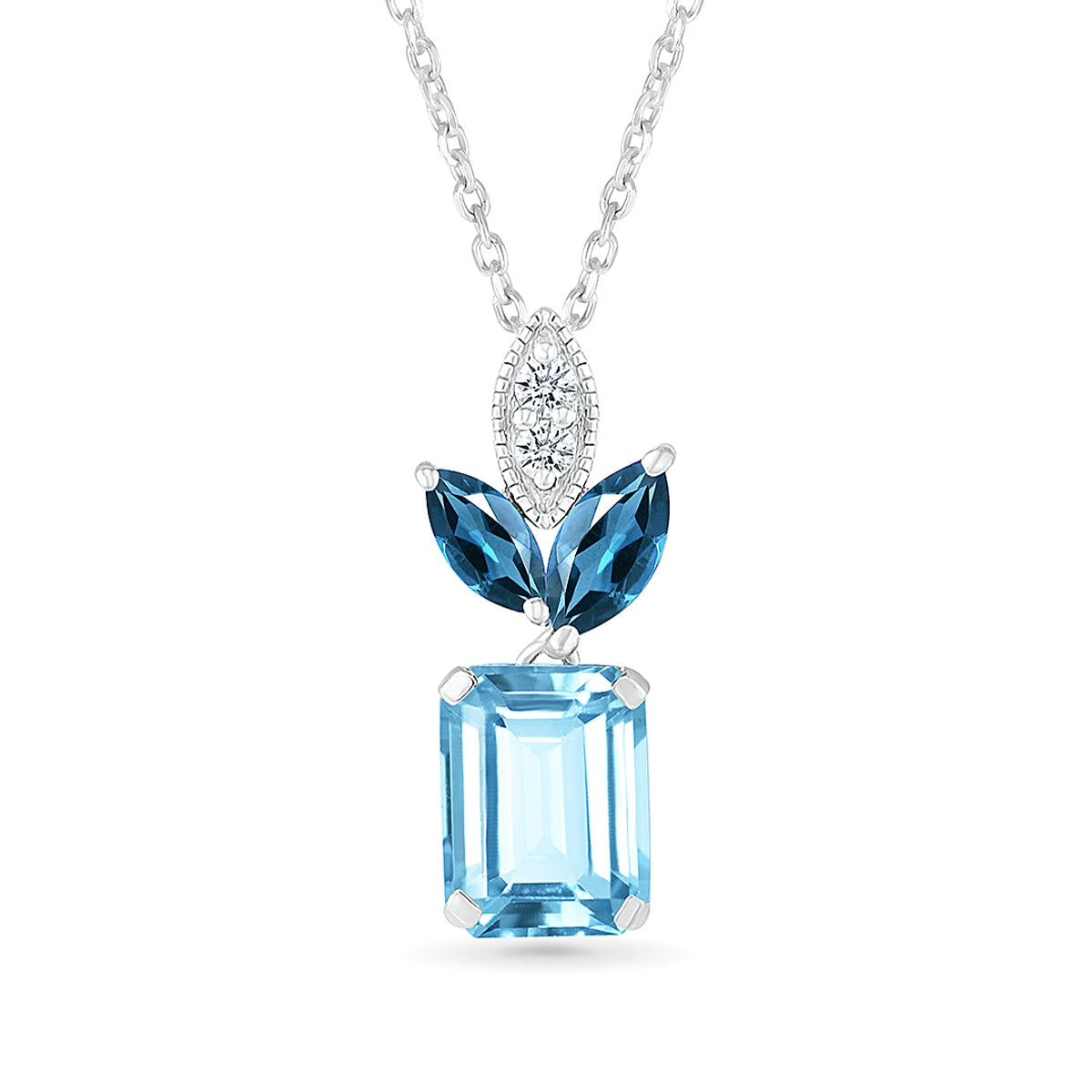 Emerald Cut & Marquise Blue Topaz & Diamond Accent Pendant in 10K White Gold