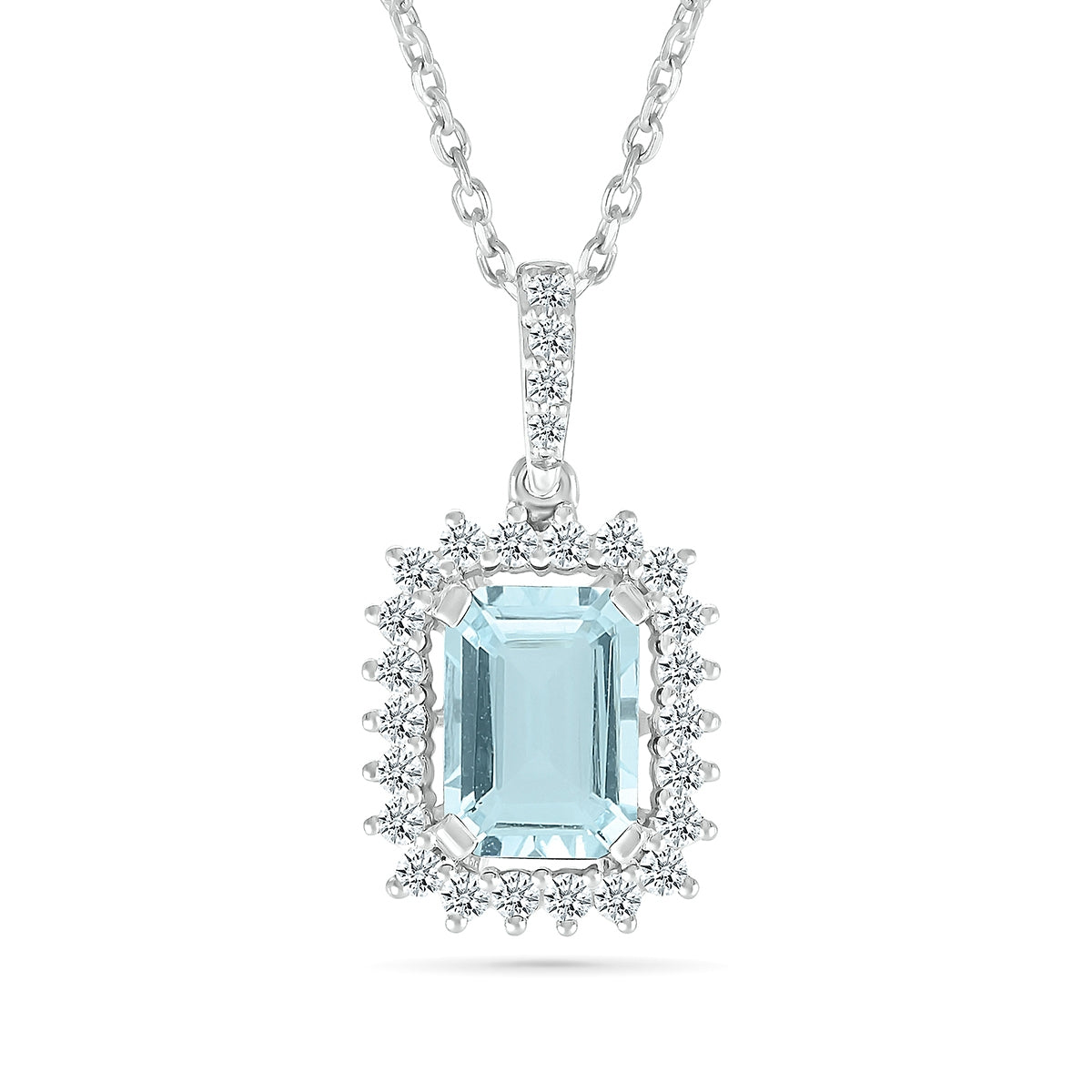 Emerald Cut Aquamarine & 1/6 ct. tw. Starburst Halo Pendant in 10K White Gold