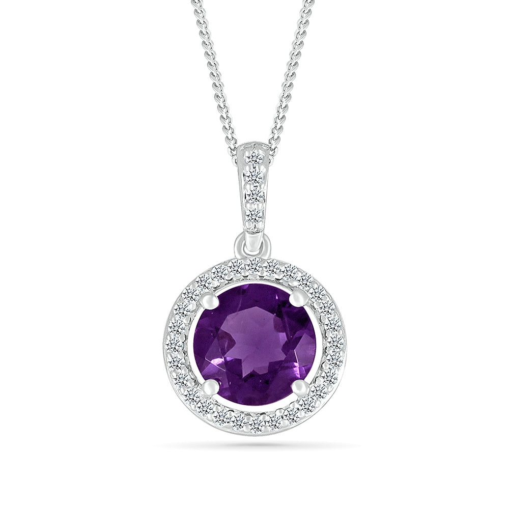 Round Amethyst & Created White Sapphire Halo Pendant in Sterling Silver