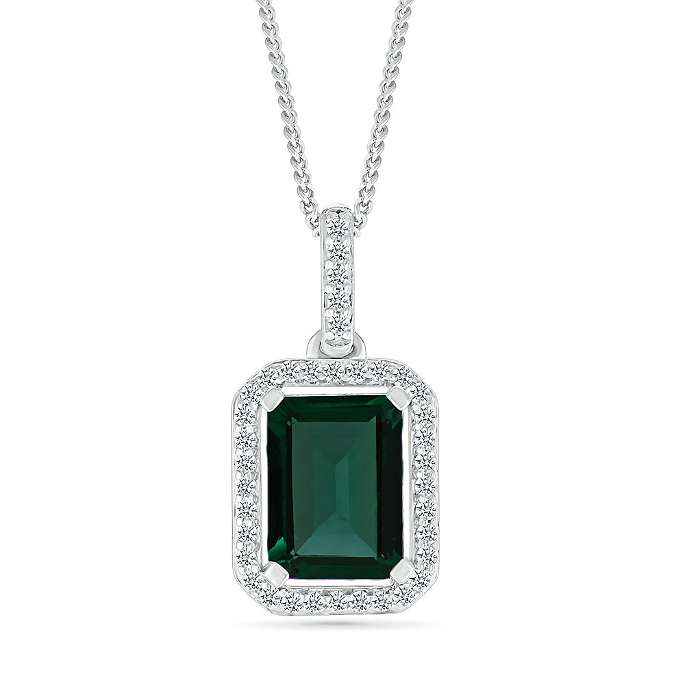 Created Emerald Cut Emerald & White Sapphire Halo Pendant in Sterling Silver