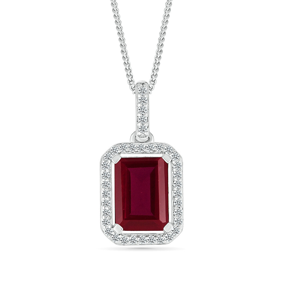Created Emerald Cut Ruby & White Sapphire Halo Pendant in Sterling Silver