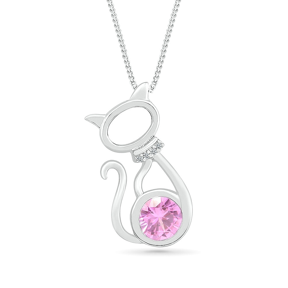 Created Round Pink Sapphire & Diamond Accent Cat Pendant in Sterling Silver