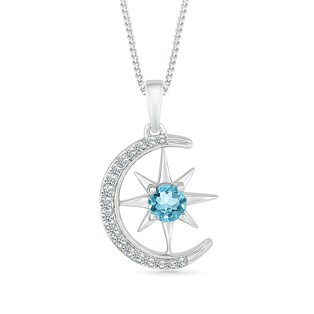 Round Swiss Blue Topaz & Created White Sapphire Moon & Star Pendant in Sterling Silver