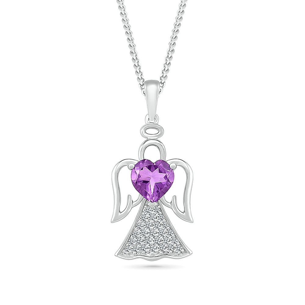 Heart Amethyst & Created White Sapphire Angel Pendant in Sterling Silver