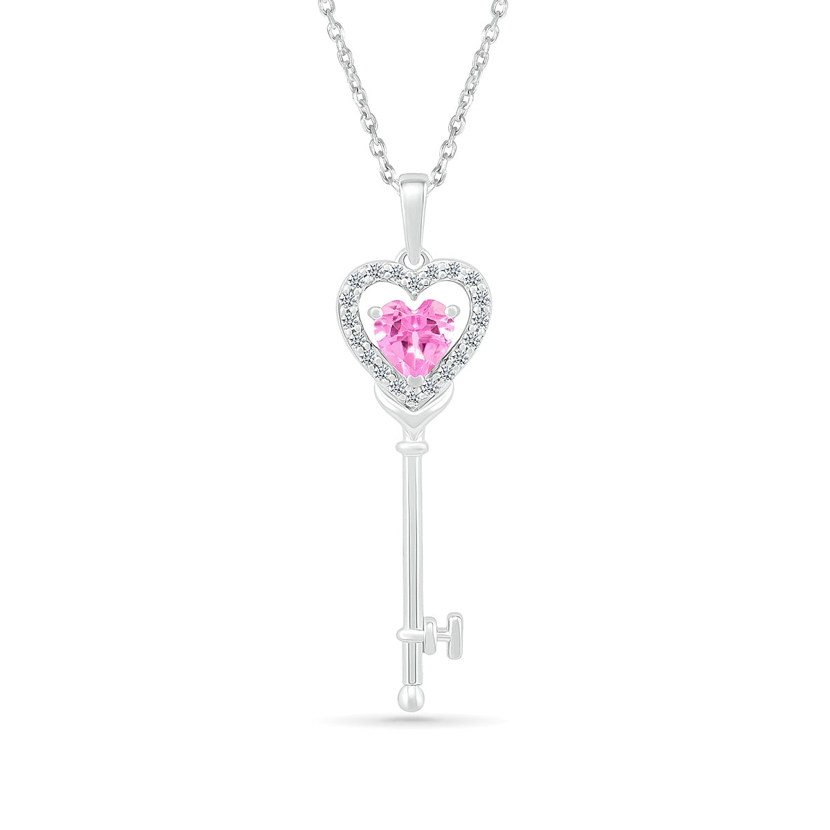 Created Heart-Shaped Pink Sapphire & Created White Sapphire Key Pendant in Sterling Silver