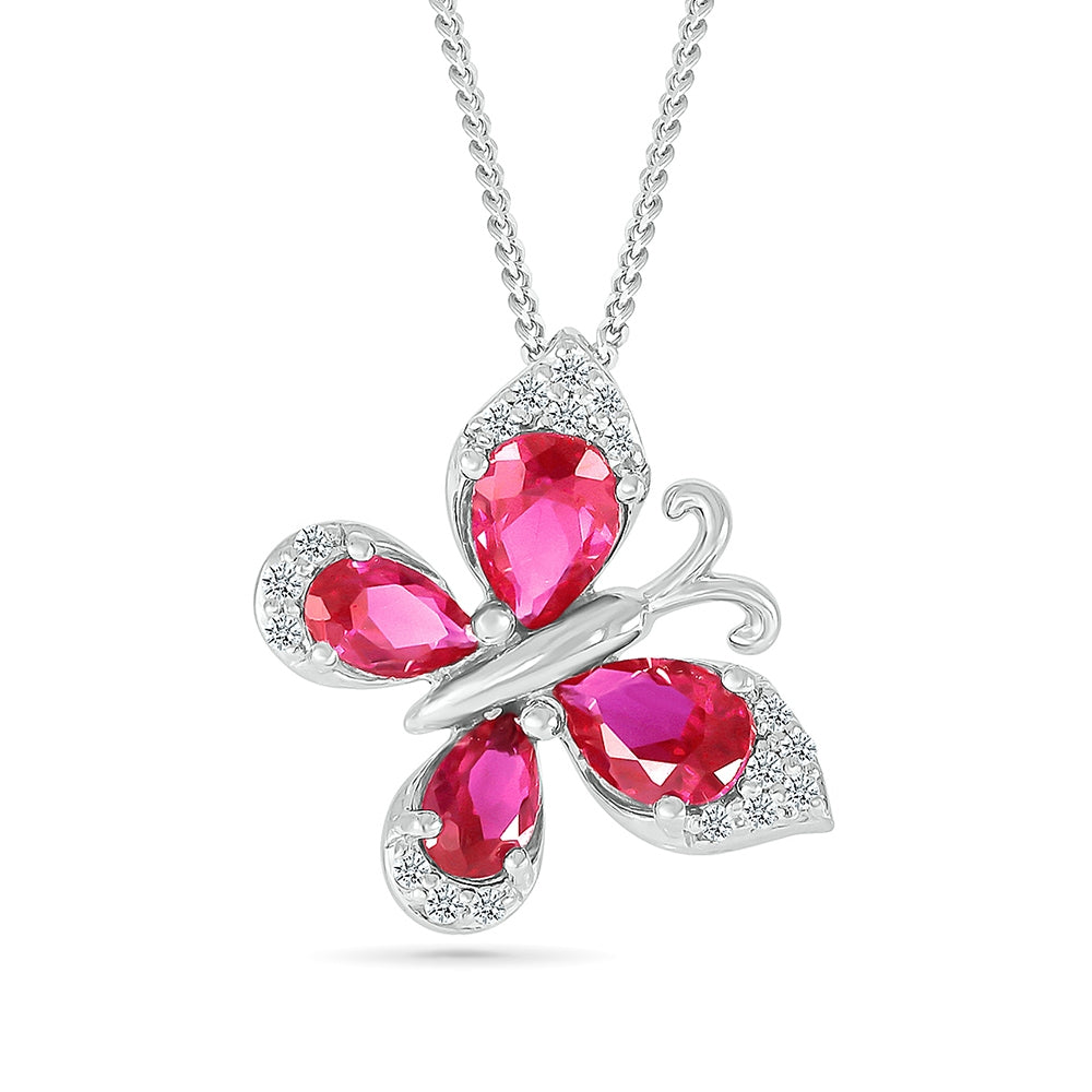 Created Pear Ruby & White Sapphire Butterfly Pendant in Sterling Silver