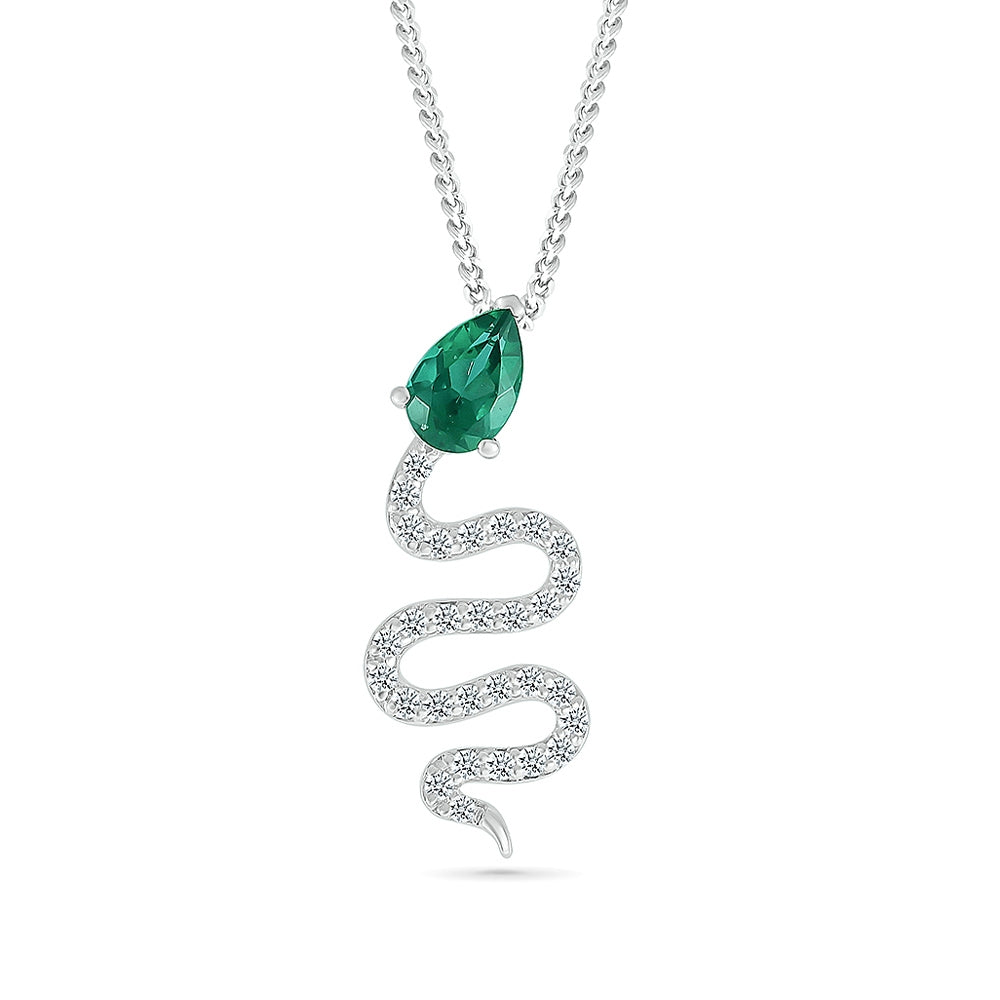 Created Pear Emerald & White Sapphire Snake Pendant in Sterling Silver