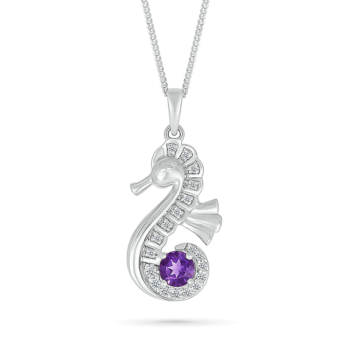 Amethyst & Created White Sapphire Seahorse Pendant in Sterling Silver