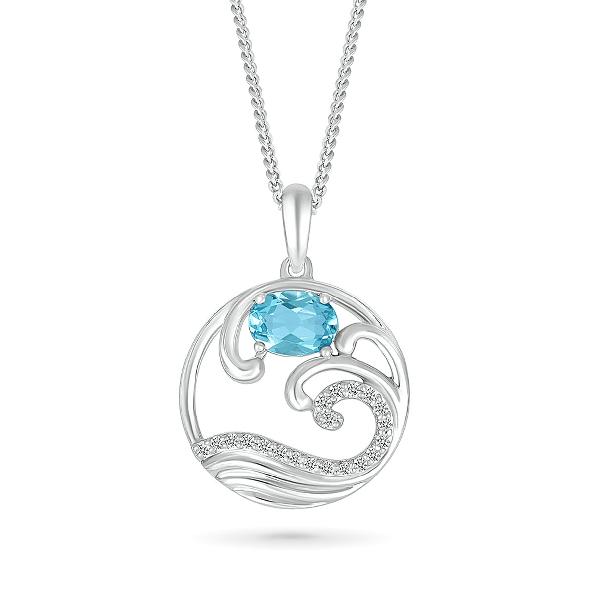 Oval Swiss Blue Topaz & Created White Sapphire Ocean Wave Pendant in Sterling Silver