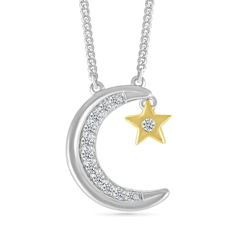 Diamond Accent Crescent Moon & Dangle Star Necklace in Sterling Silver & 10K Yellow Gold