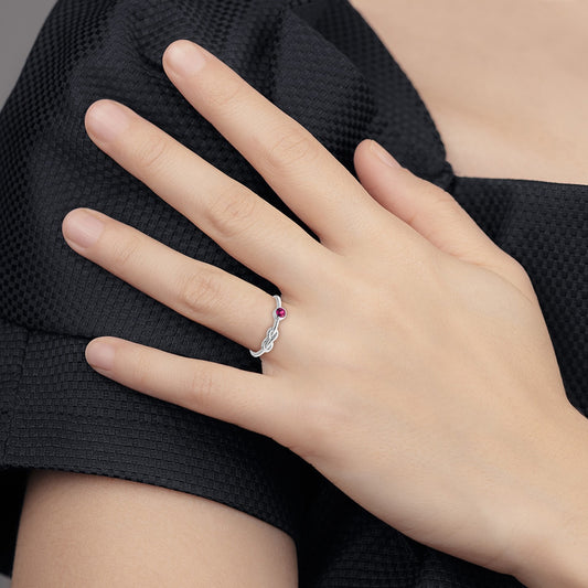 Love Knot Created Round Ruby Infinity Ring in Rhodium Plated Sterling Silver full view