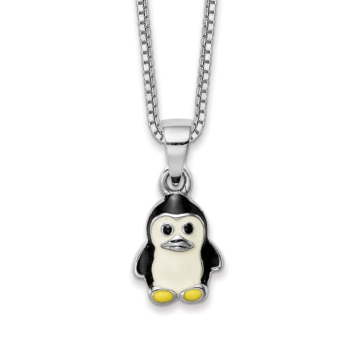 Children's Enamel Penguin Pendant in Rhodium Plated Sterling Silver