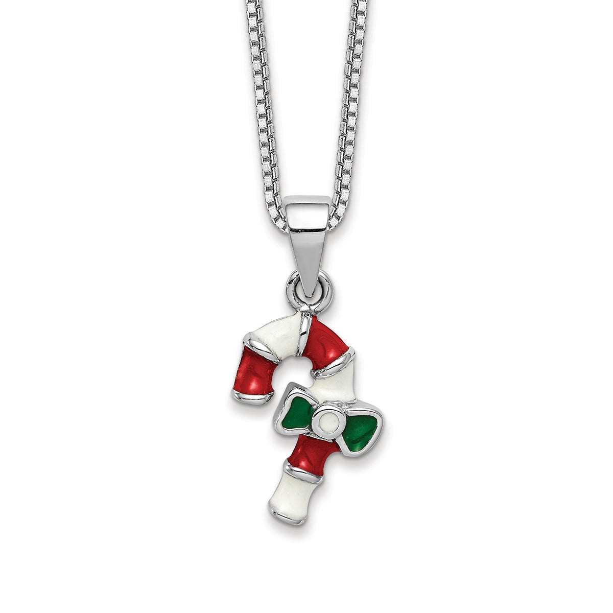 Children's Enamel Candy Cane Pendant in Rhodium Plated Sterling Silver