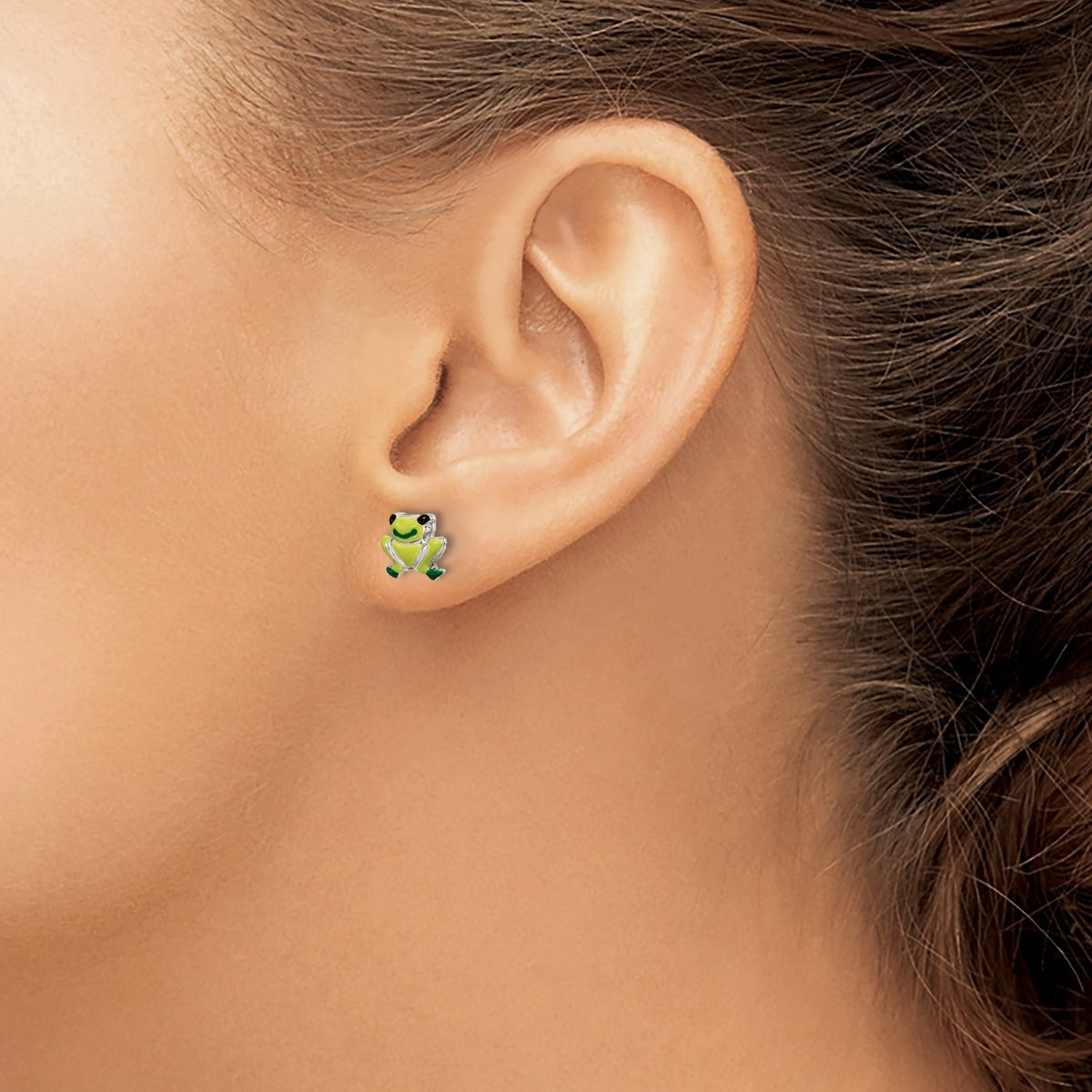 Children's Enamel Frog Earrings in Sterling Silver close-up detail
