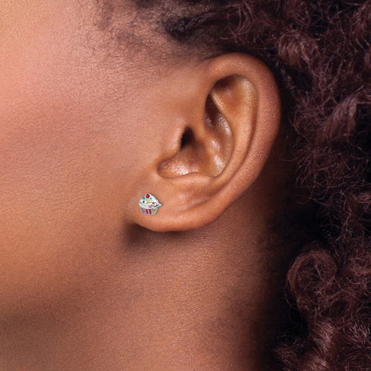 Children's Enamel Cupcake Stud Earrings in Rhodium Plated Sterling Silver close-up detail