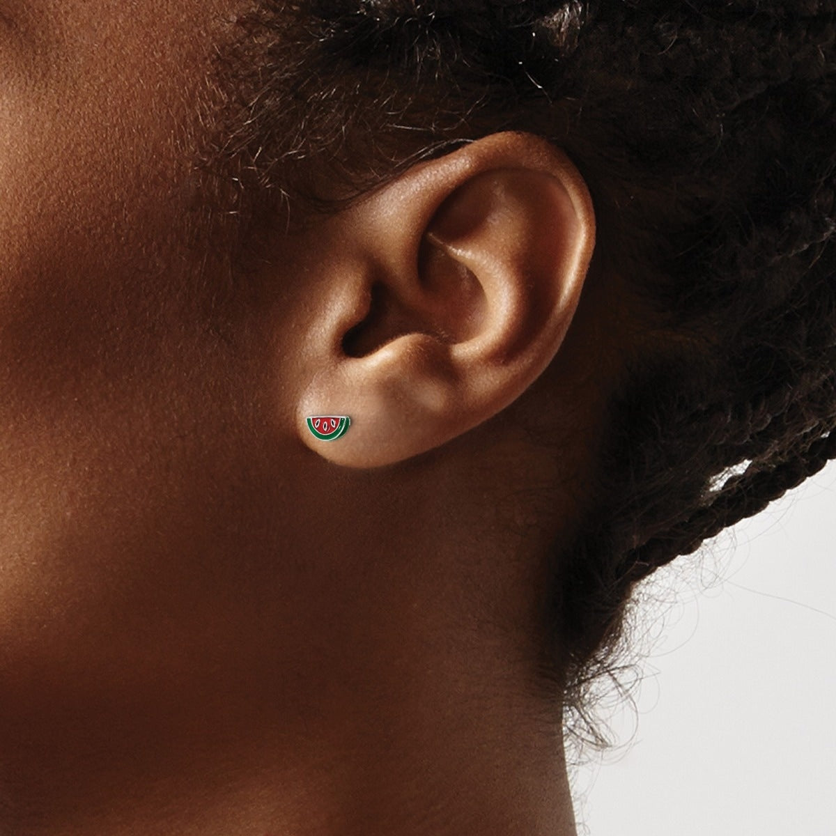 Children's Enamel Watermelon Earrings in Rhodium Plated Sterling Silver close-up detail