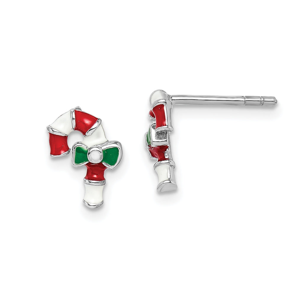 Children's Enamel Candy Cane Earrings in Rhodium Plated Sterling Silver