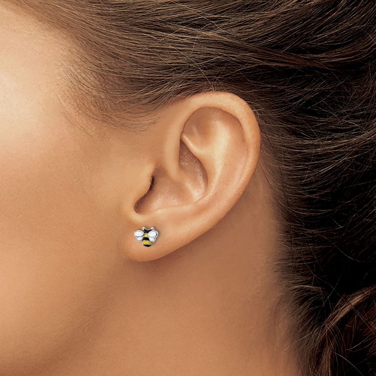 Children's Enamel Bee Earrings in Rhodium Plated Sterling Silver close-up detail