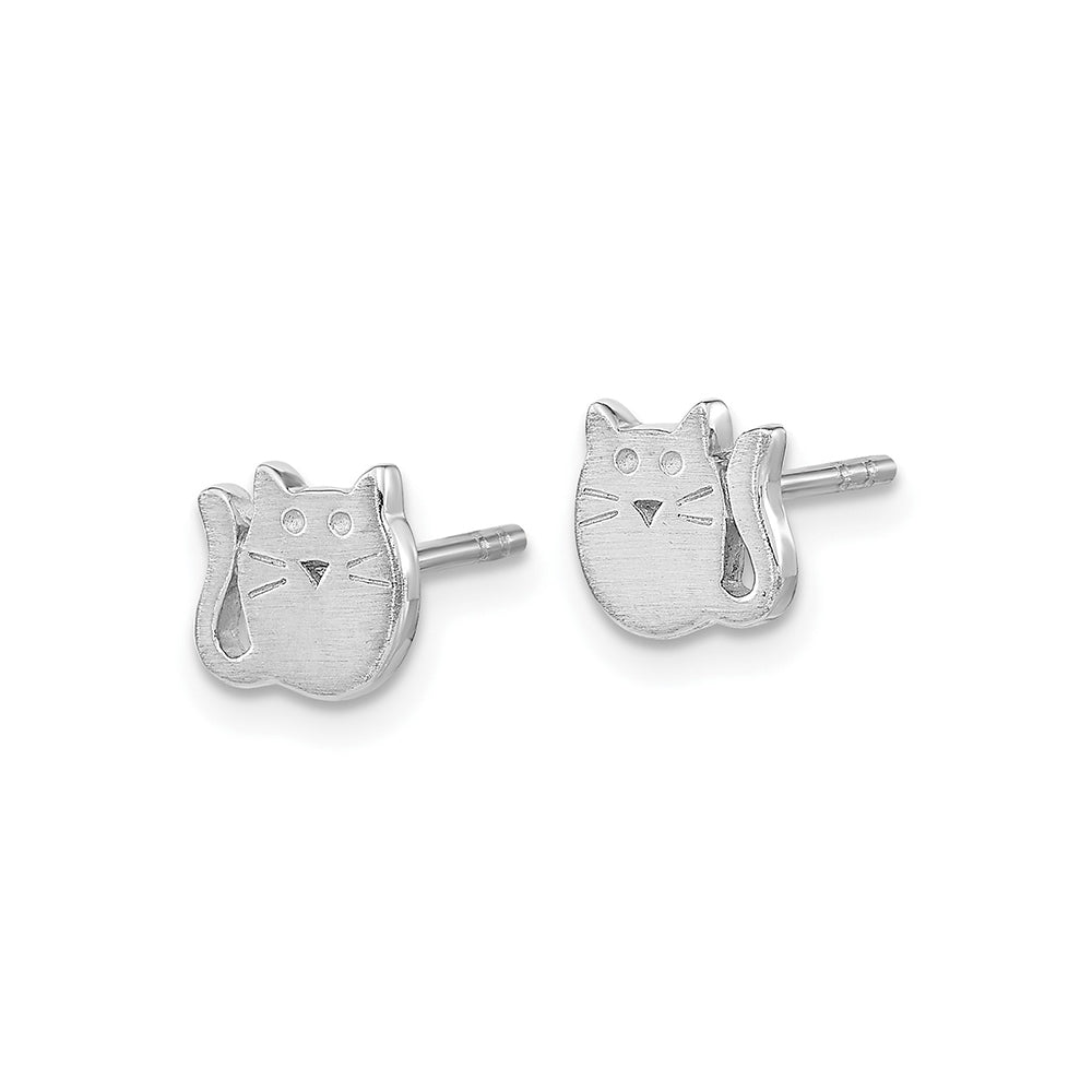 Children's Satin Finish Cat Earrings in Rhodium Plated Sterling Silver front view