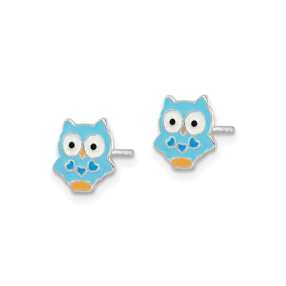 Children's Blue Enamel Owl Earrings in Sterling Silver front view