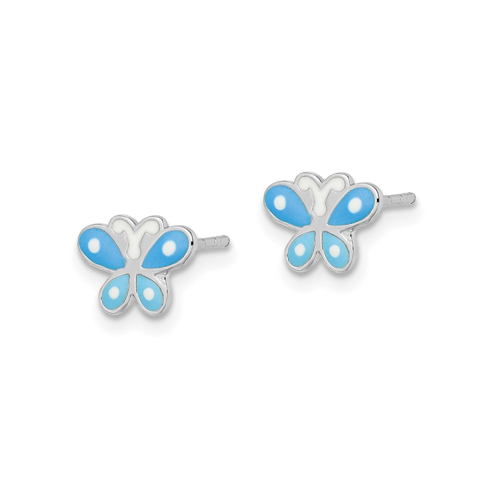 Children's Blue Enamel Butterfly Earrings in Rhodium Plated Sterling Silver front view