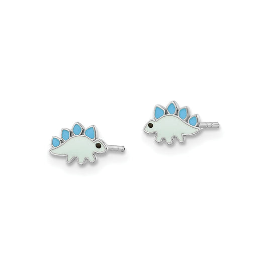 Children's Blue Enamel Dinosaur Earrings in Rhodium Plated Sterling Silver front view