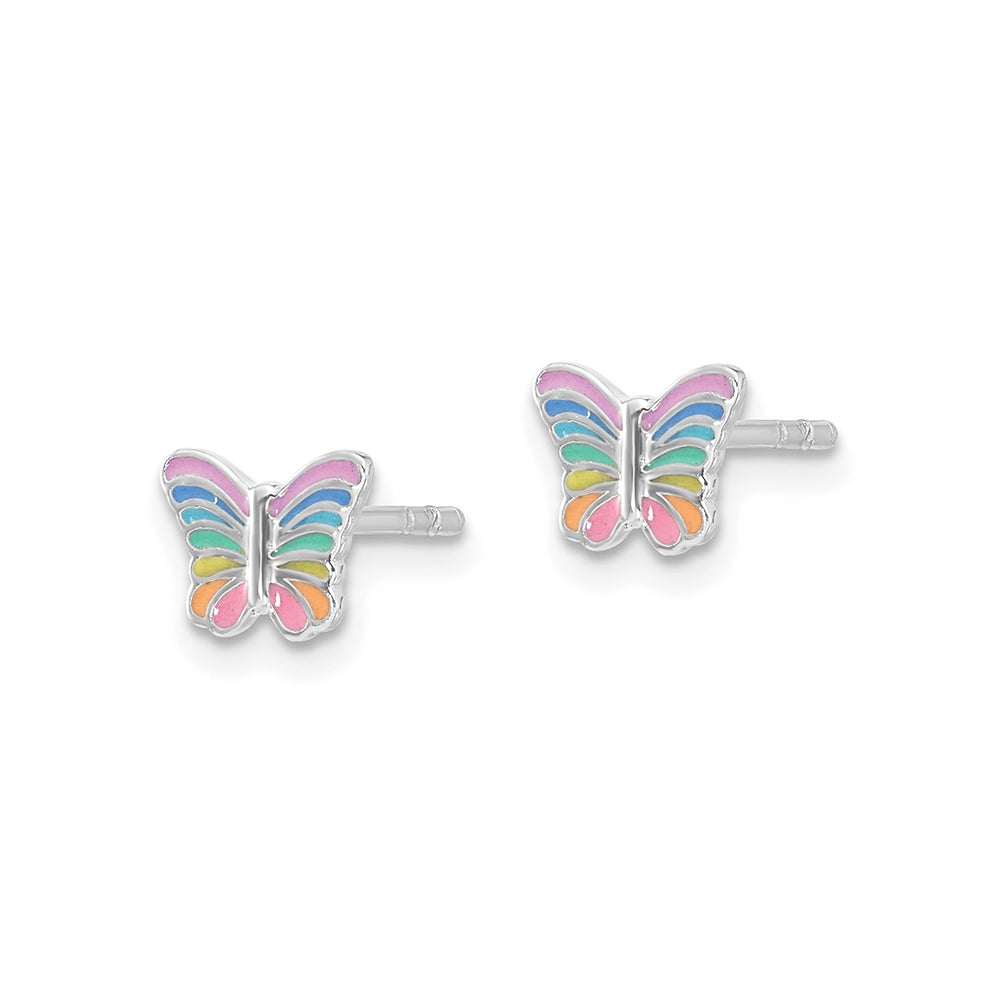 Children's Enamel Rainbow Butterfly Earrings in Rhodium Plated Sterling Silver front view